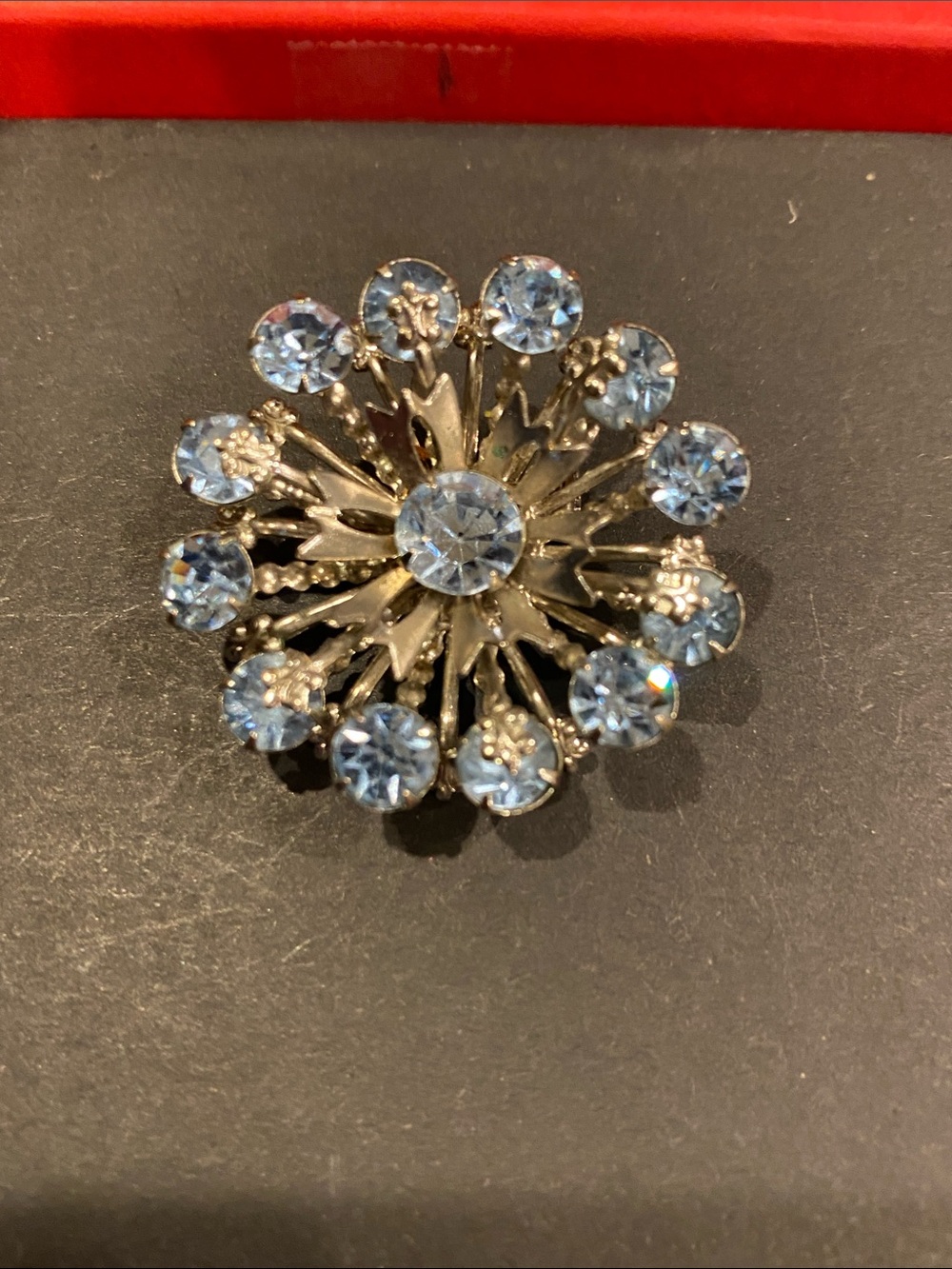 Silver-Tone Vintage Tiered Blue Crystal Floral Burst Brooch